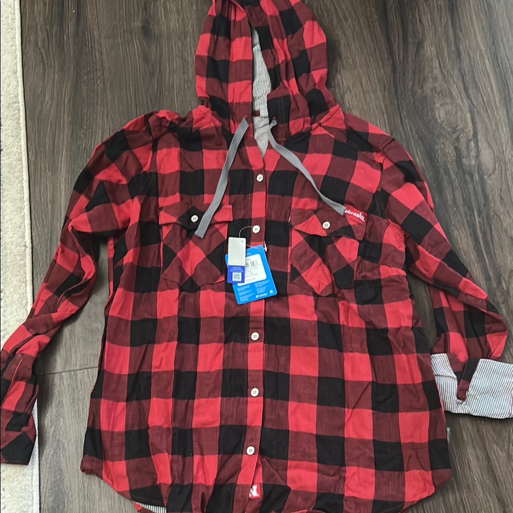 Columbia Red and Black plaid Hooded Shirt